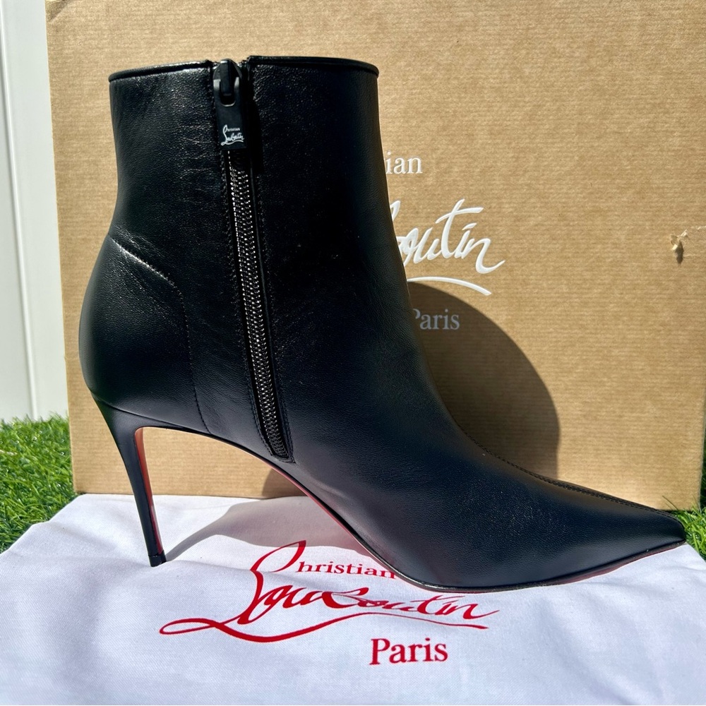 CHRISTIAN LOUBOUTIN SPORTY KATE BOOTY 85 BLACK LEATHER ANKLE BOOT ZIPPER SZ 39 - Picture 5 of 16